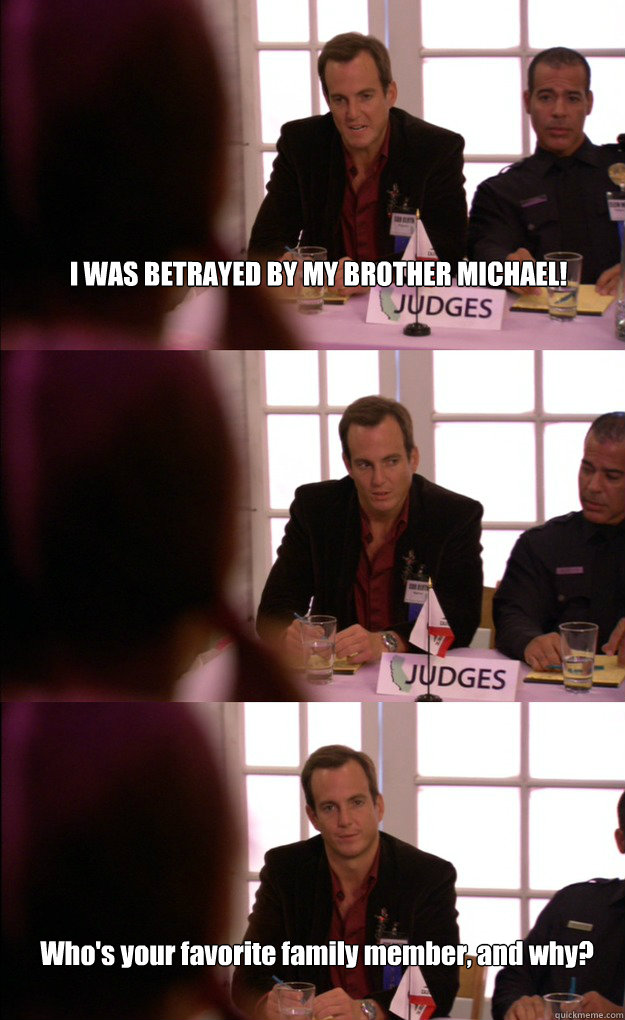 I WAS BETRAYED BY MY BROTHER MICHAEL!  Who's your favorite family member, and why?  - I WAS BETRAYED BY MY BROTHER MICHAEL!  Who's your favorite family member, and why?   Most AskReddit titles