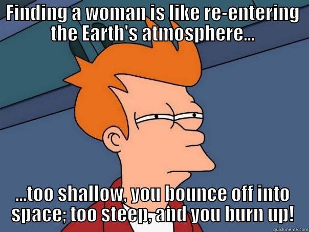 FINDING A WOMAN IS LIKE RE-ENTERING THE EARTH'S ATMOSPHERE... ...TOO SHALLOW, YOU BOUNCE OFF INTO SPACE; TOO STEEP, AND YOU BURN UP! Futurama Fry