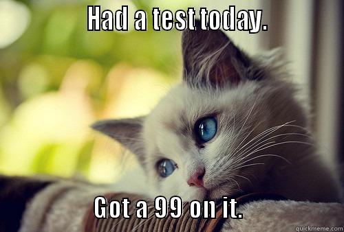 Had a test today.Got a 99 on it. -               HAD A TEST TODAY.                                    GOT A 99 ON IT.                     First World Problems Cat