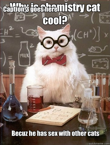 Why is chemistry cat cool? Becuz he has sex with other cats Caption 3 goes here  Chemistry Cat