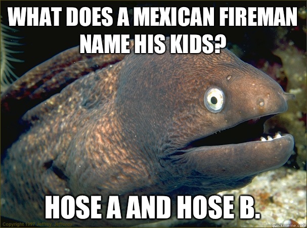 What does a mexican fireman name his kids? Hose A and Hose B.  Bad Joke Eel