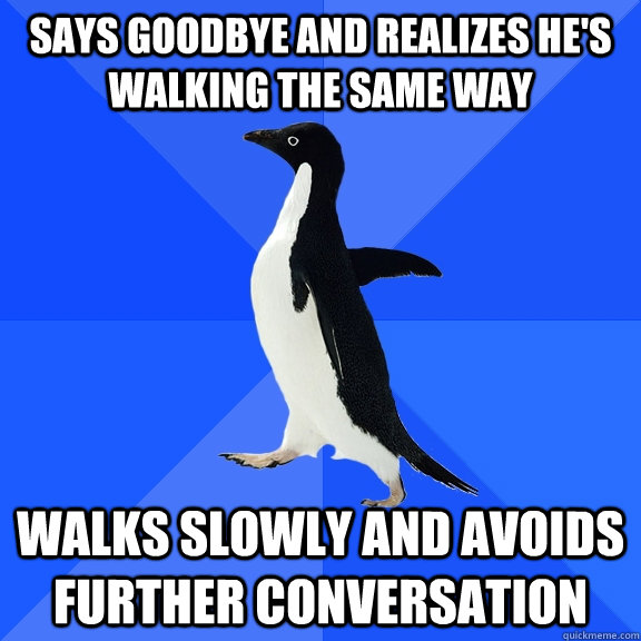 says goodbye and realizes he's walking the same way walks slowly and avoids further conversation - says goodbye and realizes he's walking the same way walks slowly and avoids further conversation  Socially Awkward Penguin