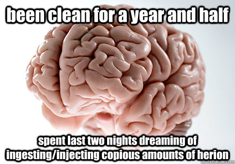 been clean for a year and half spent last two nights dreaming of ingesting/injecting copious amounts of herion  Scumbag Brain