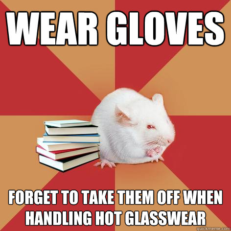 wear gloves forget to take them off when handling hot glasswear  Science Major Mouse