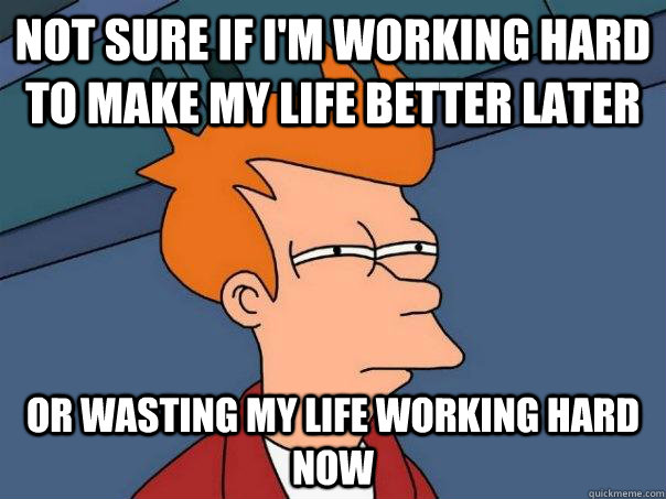 Not sure if I'm working hard to make my life better later or wasting my life working hard now - Not sure if I'm working hard to make my life better later or wasting my life working hard now  Futurama Fry