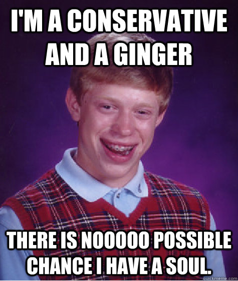 I'm a conservative and a ginger  There is NOOOOO possible chance I have a soul.   Bad Luck Brian