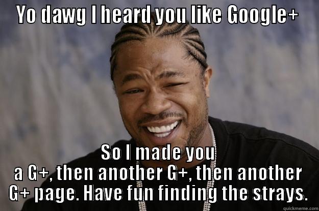 YO DAWG I HEARD YOU LIKE GOOGLE+ SO I MADE YOU A G+, THEN ANOTHER G+, THEN ANOTHER G+ PAGE. HAVE FUN FINDING THE STRAYS. Xzibit meme