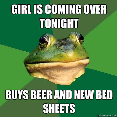 Girl is coming over tonight Buys beer and new bed sheets  