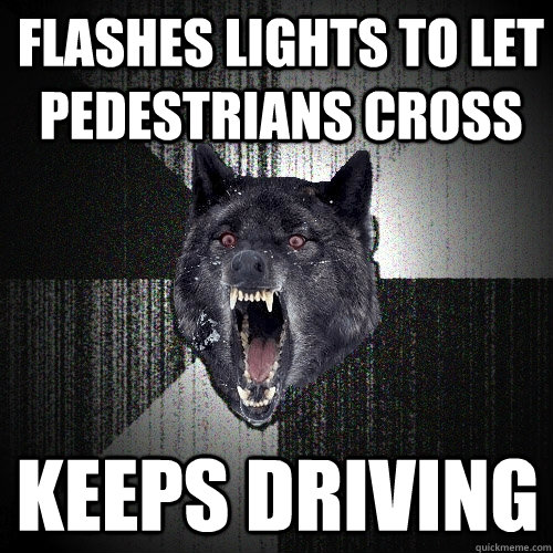 Flashes lights to let pedestrians cross keeps driving  Insanity Wolf