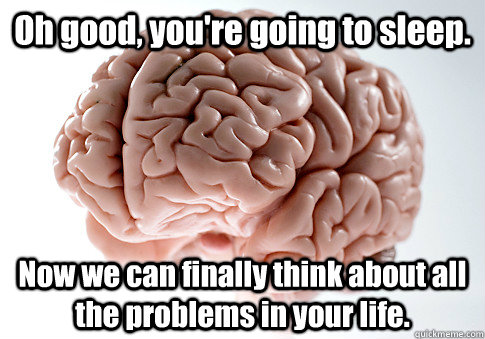 Oh good, you're going to sleep. Now we can finally think about all the problems in your life.  Scumbag Brain