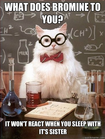 What does bromine to you? it won't react when you sleep with it's sister - What does bromine to you? it won't react when you sleep with it's sister  Chemistry Cat