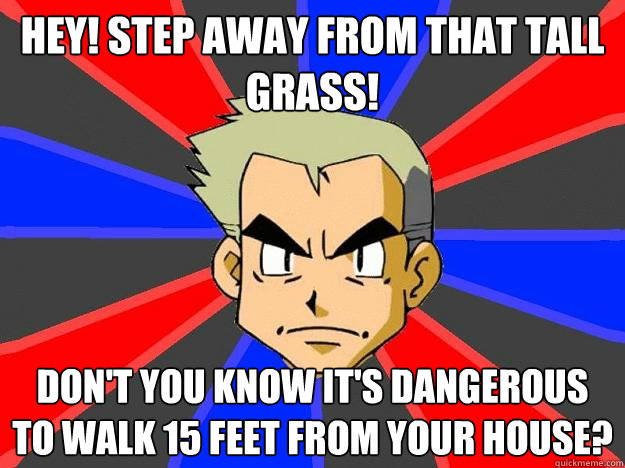 Hey! Step away from that tall grass! Don't you know it's dangerous to walk 15 feet from your house?  Professor Oak