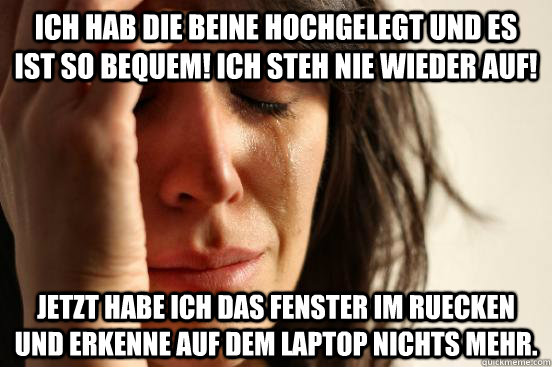 Ich hab die Beine hochgelegt und es ist so bequem! Ich steh nie wieder auf! Jetzt habe ich das Fenster im Ruecken und erkenne auf dem Laptop nichts mehr.  First World Problems