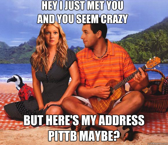 Hey I just met you
and you seem crazy but here's my address
PITTB maybe?  50 first dates call me maybe