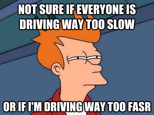 Not sure if everyone is driving way too slow  Or if I'm driving way too fasr  Futurama Fry