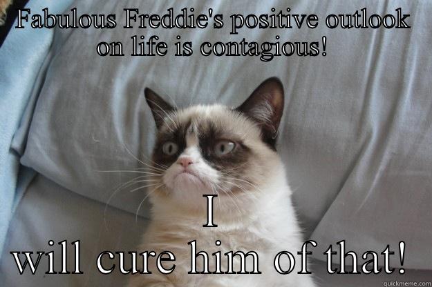 FABULOUS FREDDIE'S POSITIVE OUTLOOK ON LIFE IS CONTAGIOUS! I WILL CURE HIM OF THAT! Grumpy Cat