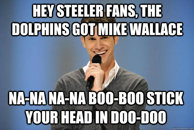 Hey Steeler fans, the Dolphins got Mike Wallace Na-na na-na boo-boo stick your head in doo-doo  Rape Joking Daniel Tosh