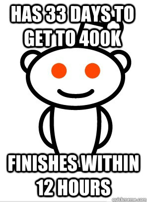 Has 33 days to get to 400K finishes within 12 hours  