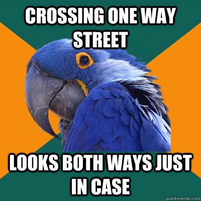 crossing one way street looks both ways just in case  Paranoid Parrot