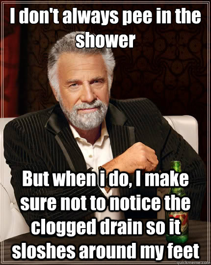 I don't always pee in the shower But when i do, I make sure not to notice the clogged drain so it sloshes around my feet  The Most Interesting Man In The World