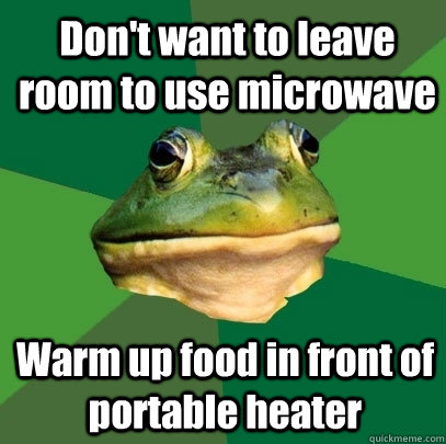 Don't want to leave room to use microwave Warm up food in front of portable heater - Don't want to leave room to use microwave Warm up food in front of portable heater  Foul Bachelor Frog