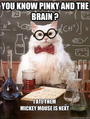 you know pinky and the brain ? i ate them
mickey mouse is next - you know pinky and the brain ? i ate them
mickey mouse is next  Chemistry Cat