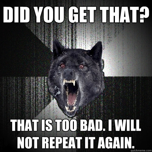 Did you get that? THAT IS TOO BAD. I WILL NOT REPEAT IT AGAIN.  Insanity Wolf