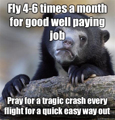 Fly 4-6 times a month for good well paying job Pray for a tragic crash every flight for a quick easy way out  Confession Bear