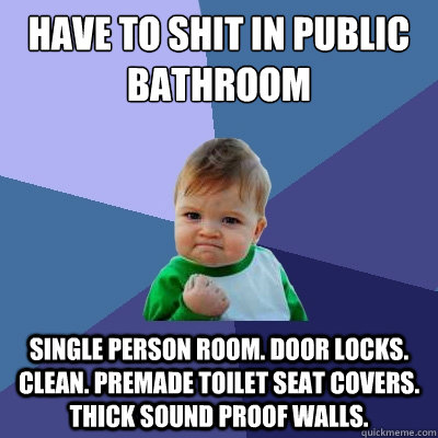 have to shit in public bathroom single person room. door locks. clean. premade toilet seat covers. thick sound proof walls.  Success Kid