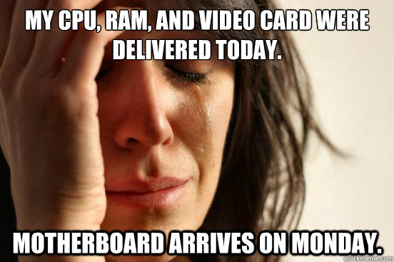 My CPU, RAM, and Video Card were delivered today. Motherboard arrives on Monday. - My CPU, RAM, and Video Card were delivered today. Motherboard arrives on Monday.  First World Problems