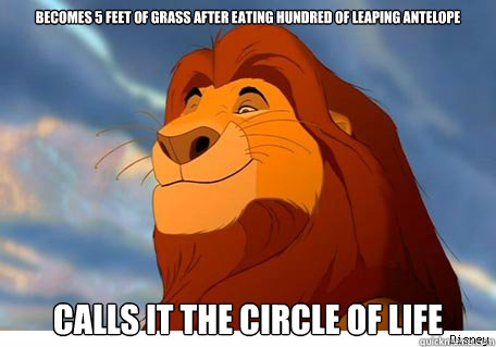 becomes 5 feet of grass after eating hundred of leaping antelope calls it the circle of life  