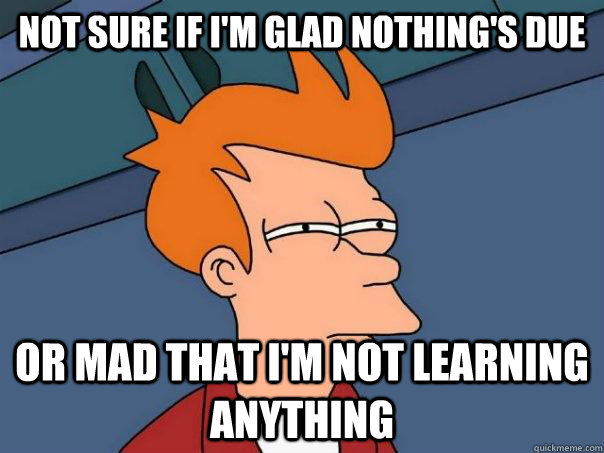 Not sure if I'm glad nothing's due Or mad that I'm not learning anything  Futurama Fry