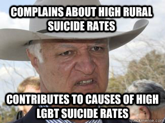 complains about high rural suicide rates Contributes to causes of high LGBT suicide rates  Bob Katter