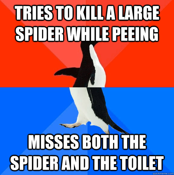 Tries to kill a large spider while peeing Misses both the spider and the toilet - Tries to kill a large spider while peeing Misses both the spider and the toilet  Socially Awesome Awkward Penguin