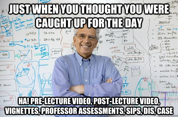 Just when you thought you were caught up for the day HA! pre-lecture video, post-lecture video, vignettes, professor assessments, SIPs, DIs, case - Just when you thought you were caught up for the day HA! pre-lecture video, post-lecture video, vignettes, professor assessments, SIPs, DIs, case  Engineering Professor