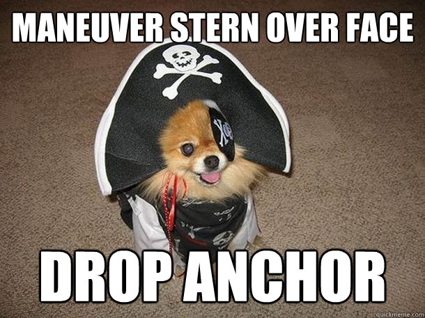 maneuver stern over face Drop anchor  - maneuver stern over face Drop anchor   Inappropriate Sexual Innuendo Dog That Talks and Dresses Like a Pirate