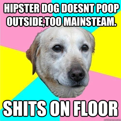 hipster dog doesnt poop outside,too mainsteam. shits on floor   Politically Neutral Dog