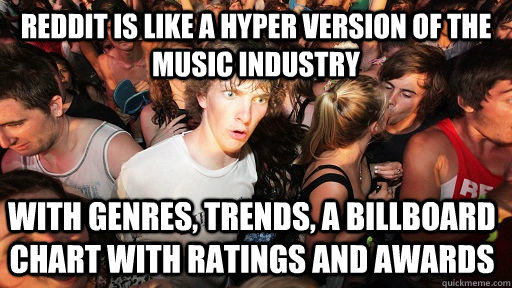 Reddit is like a hyper version of the music industry With genres, trends, a billboard chart with ratings and awards  Sudden Clarity Clarence