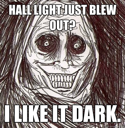 Hall light just blew out? I like it dark.  Horrifying Houseguest