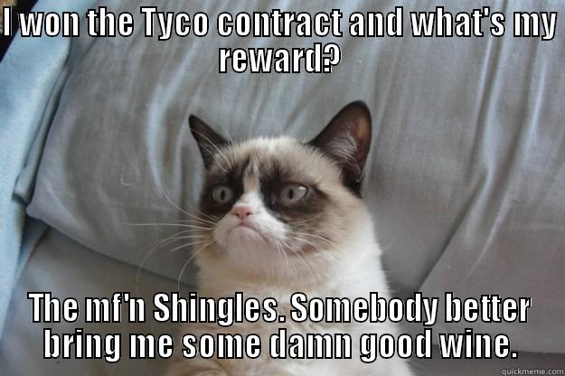 I WON THE TYCO CONTRACT AND WHAT'S MY REWARD? THE MF'N SHINGLES. SOMEBODY BETTER BRING ME SOME DAMN GOOD WINE. Grumpy Cat