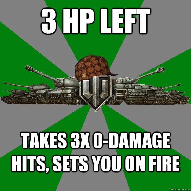 3 HP left Takes 3x 0-damage hits, sets you on fire  Scumbag World of Tanks