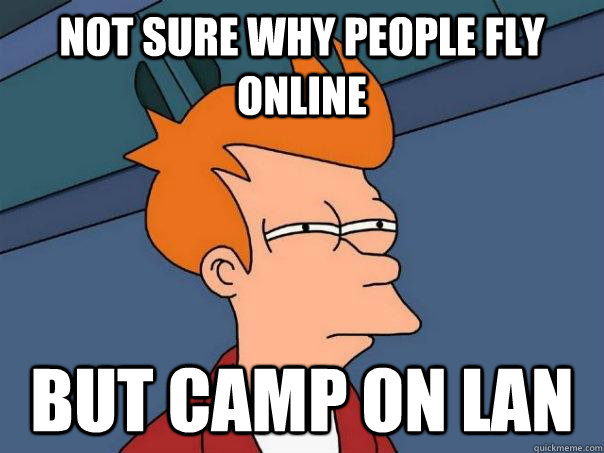 not sure why people fly online but camp on lan  Futurama Fry