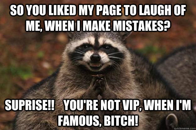 so you liked my page to laugh of me, when I make mistakes? suprise!!    You're not VIP, when I'm famous, bitch!  Evil Plotting Raccoon