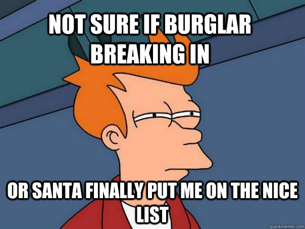 Not sure if Burglar breaking in Or Santa finally put me on the nice list  Futurama Fry