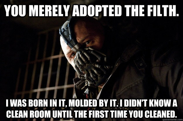 You merely adopted the filth. I was born in it, molded by it. I didn't know a clean room until the first time you cleaned. - You merely adopted the filth. I was born in it, molded by it. I didn't know a clean room until the first time you cleaned.  Angry Bane