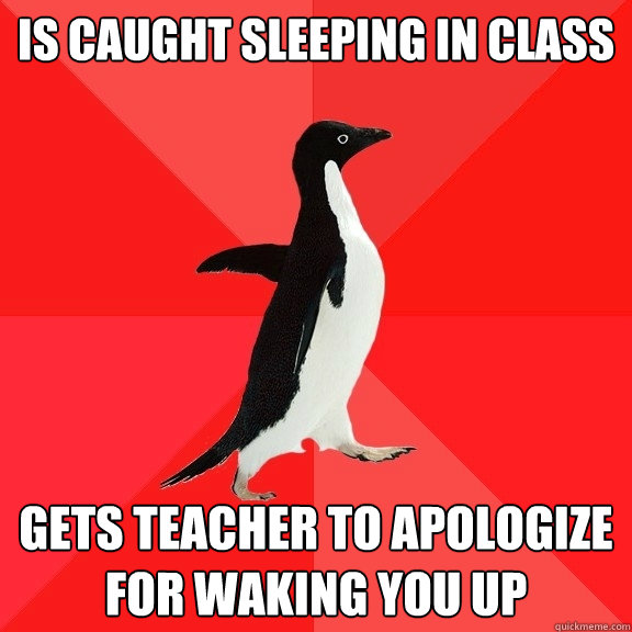 Is caught sleeping in class Gets teacher to apologize for waking you up  Socially Awesome Penguin