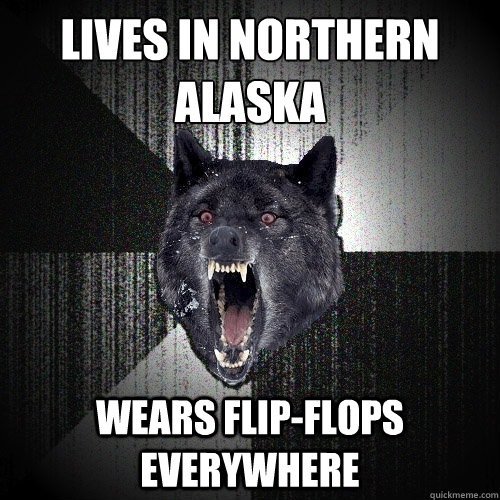 Lives in northern
Alaska wears flip-flops everywhere - Lives in northern
Alaska wears flip-flops everywhere  Insanity Wolf