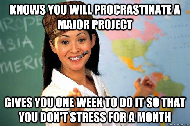 knows you will procrastinate a major project gives you one week to do it so that you don't stress for a month  