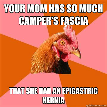 Your mom has so much camper's fascia that she had an epigastric hernia  Anti-Joke Chicken