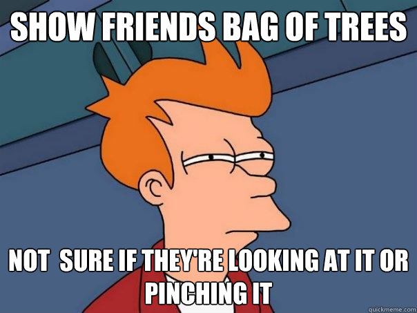 show friends bag of trees not  sure if they're looking at it or pinching it - show friends bag of trees not  sure if they're looking at it or pinching it  Futurama Fry